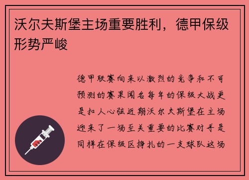 沃尔夫斯堡主场重要胜利，德甲保级形势严峻